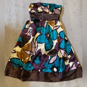 Floral Strapless Dress - Teal, Brown, Purple